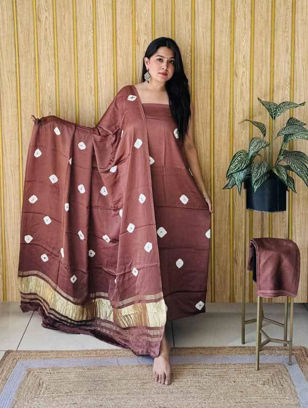 Premium Bandhani Design Chanderi Silk Dress Material with Tissue Silk Dupatta - Brown