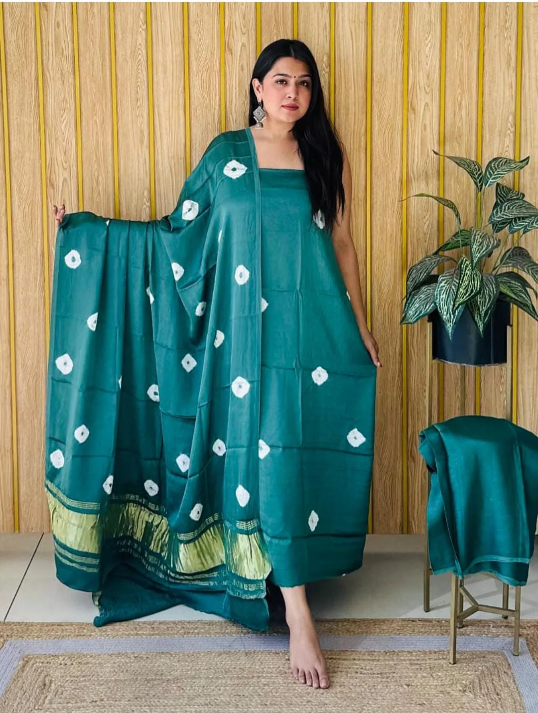 Premium Bandhani Design Chanderi Silk Dress Material with Tissue Silk Dupatta - Ocean Green