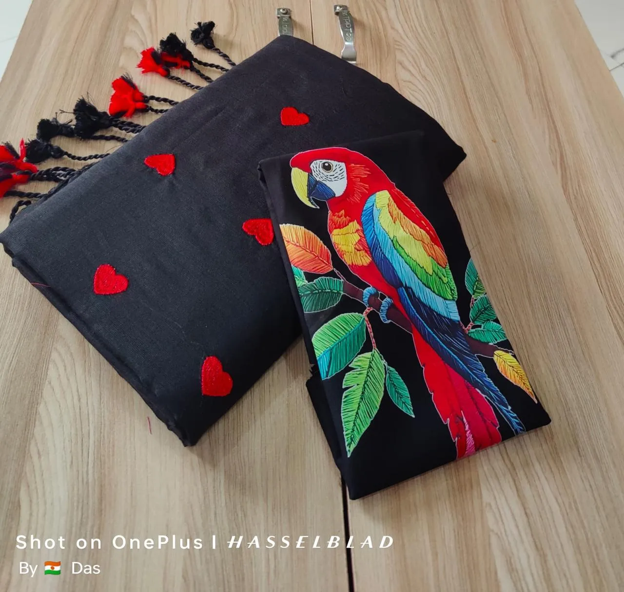 Premium Love Embroidery CK Khadi Saree with Digital Print Blouse Piece - Black