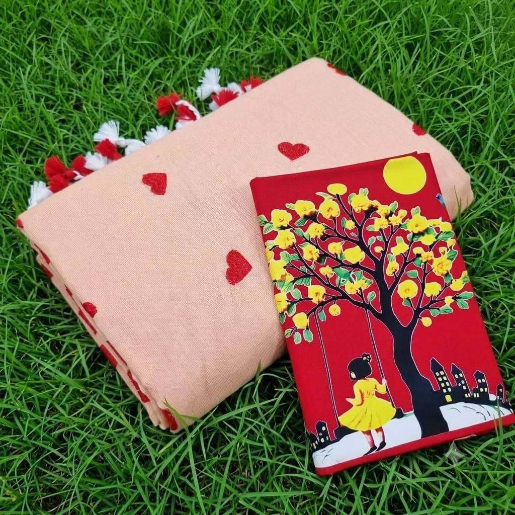 Premium Love Embroidery CK Khadi Saree with Digital Print Blouse Piece - Peach