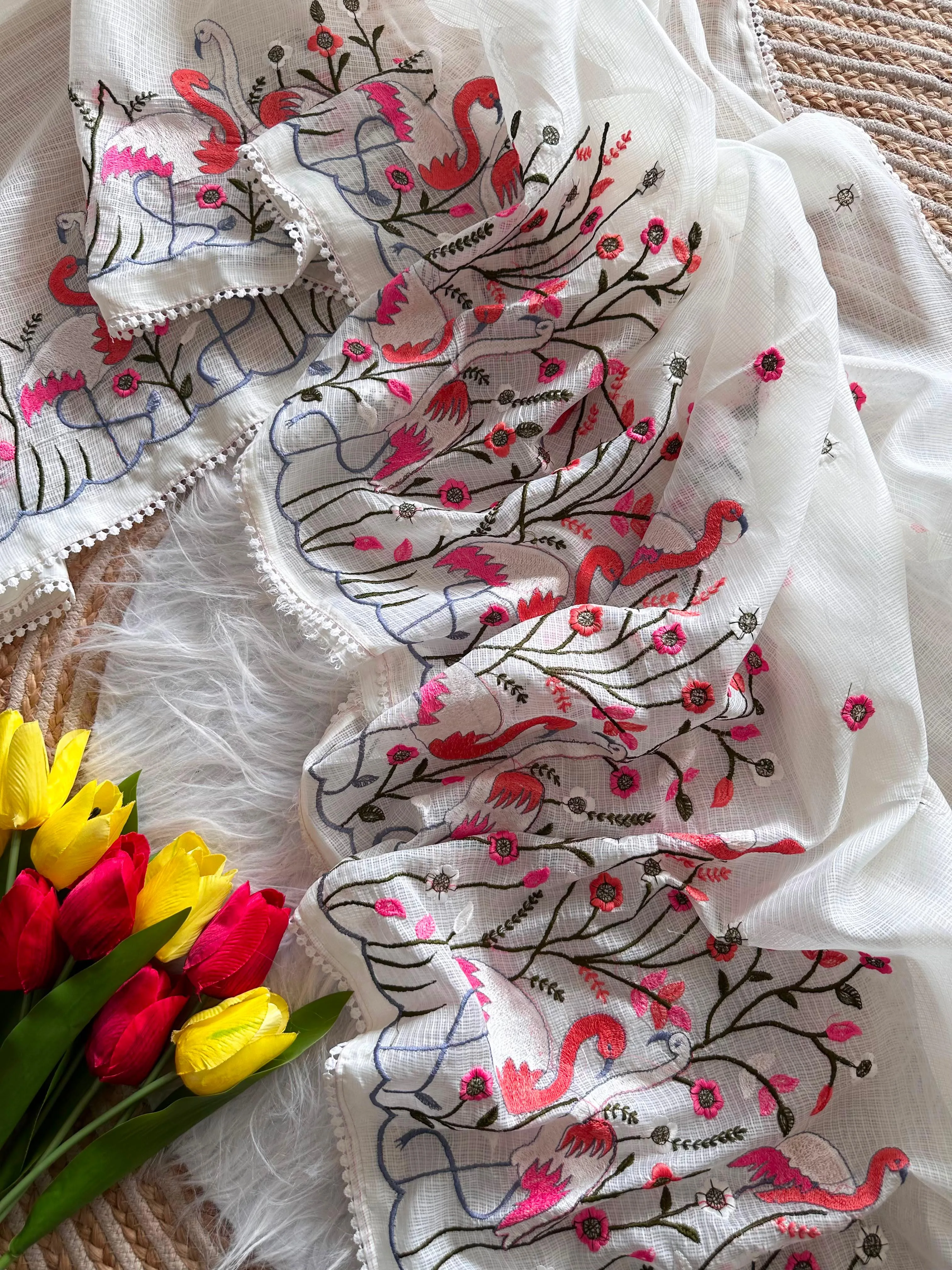 Premium TASHA Kota Doriya Embroidery Saree with Blouse Piece - White