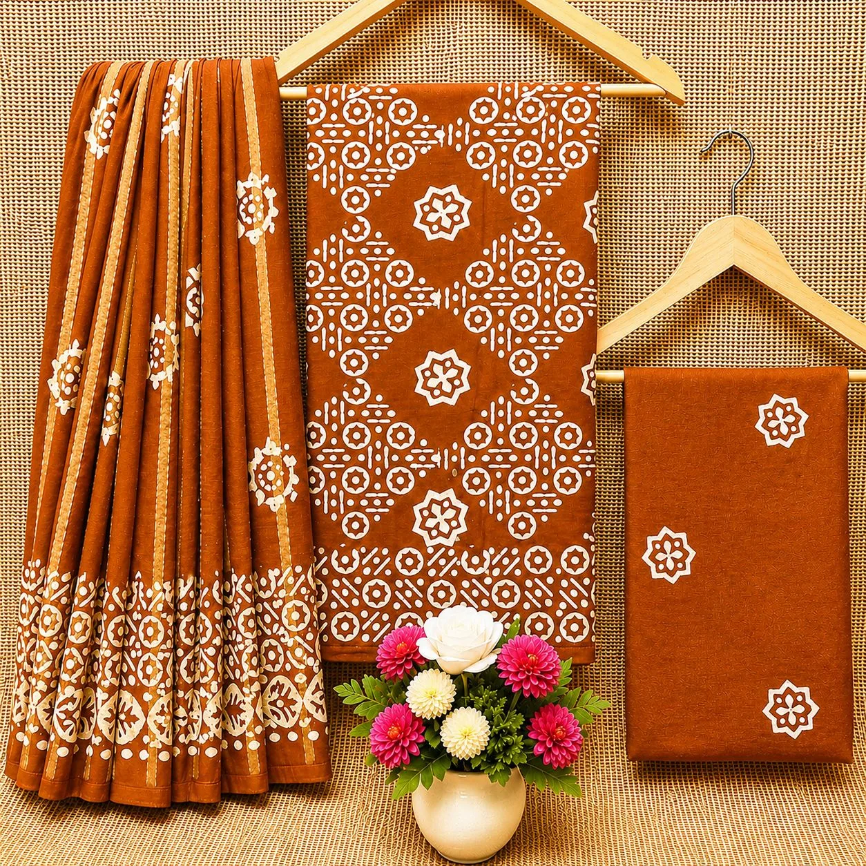 Cotton Batik Dress Material with Fancy Wax Batik & Katha Patti Dupatta