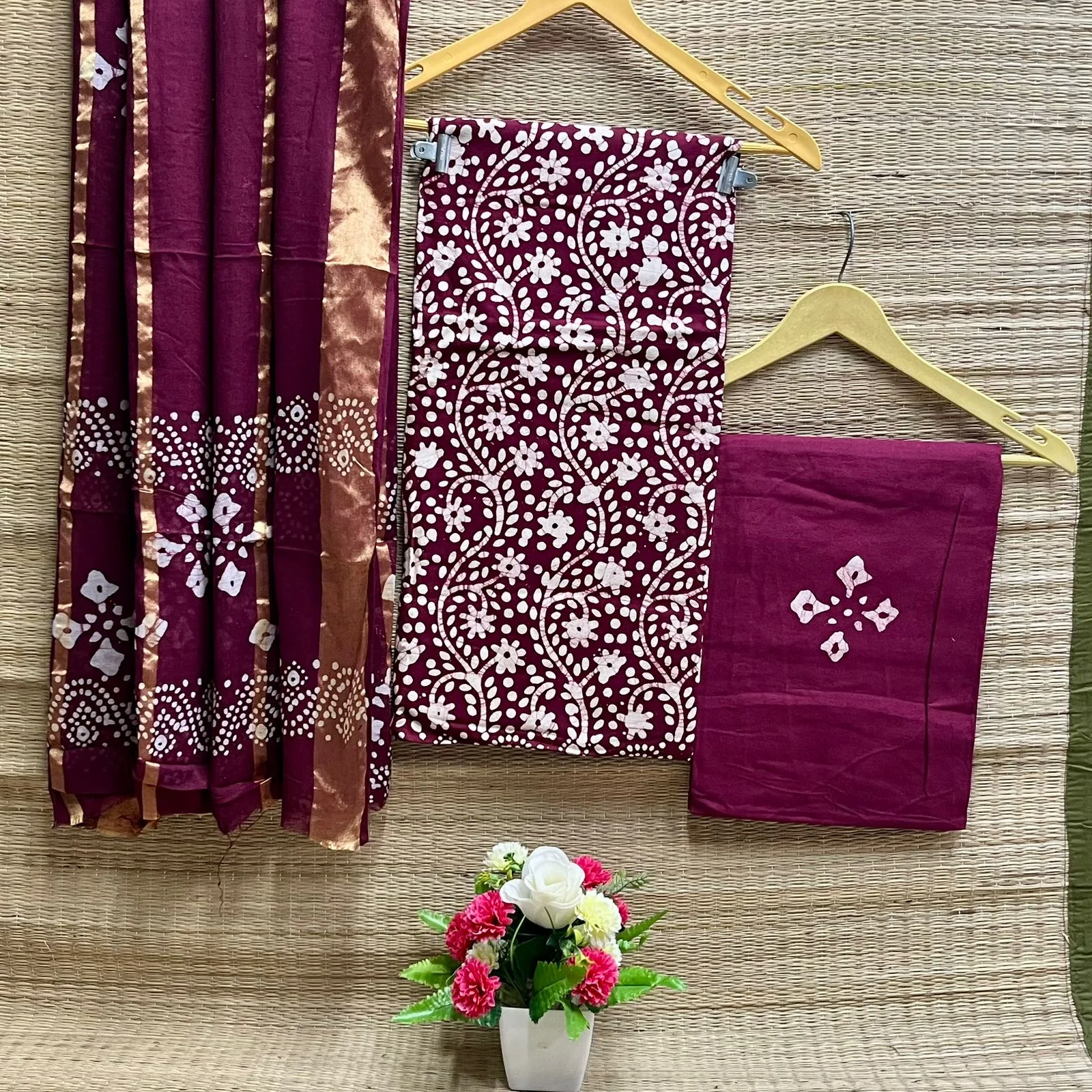 Cotton Batik Dress Material with Fancy Wax Batik & Katha Patti Dupatta - Design 2