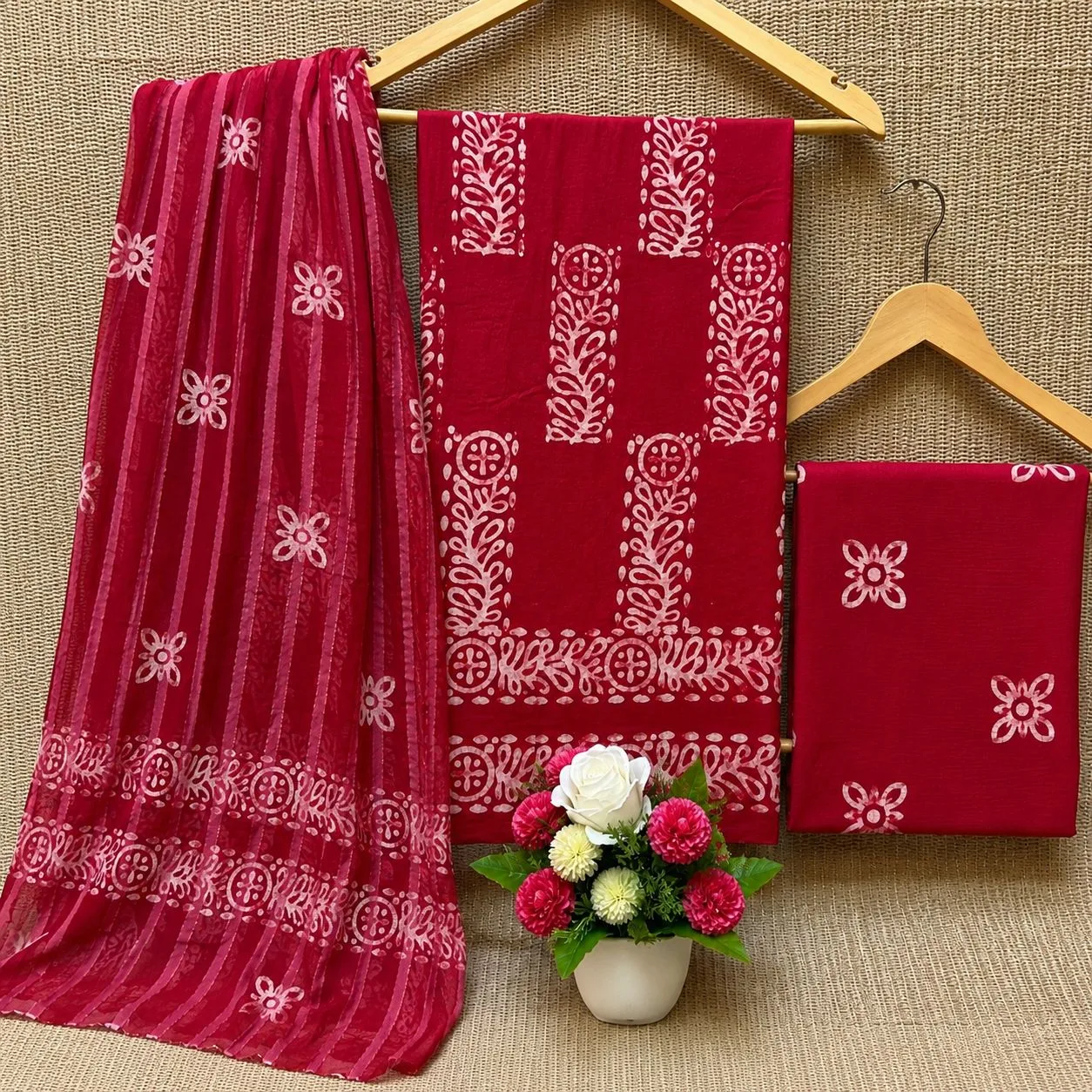 Cotton Batik Dress Material with Fancy Wax Batik & Katha Patti Dupatta - Design 3