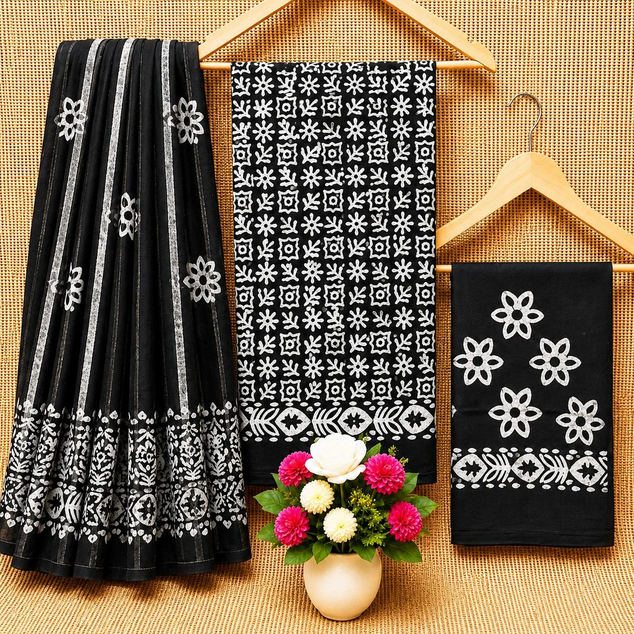 Cotton Batik Dress Material with Fancy Wax Batik & Katha Patti Dupatta - Design 4