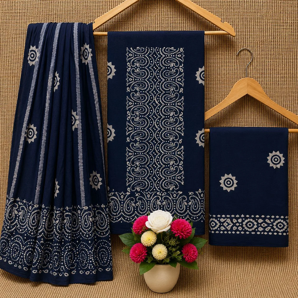 Cotton Batik Dress Material with Fancy Wax Batik & Katha Patti Dupatta - Design 5
