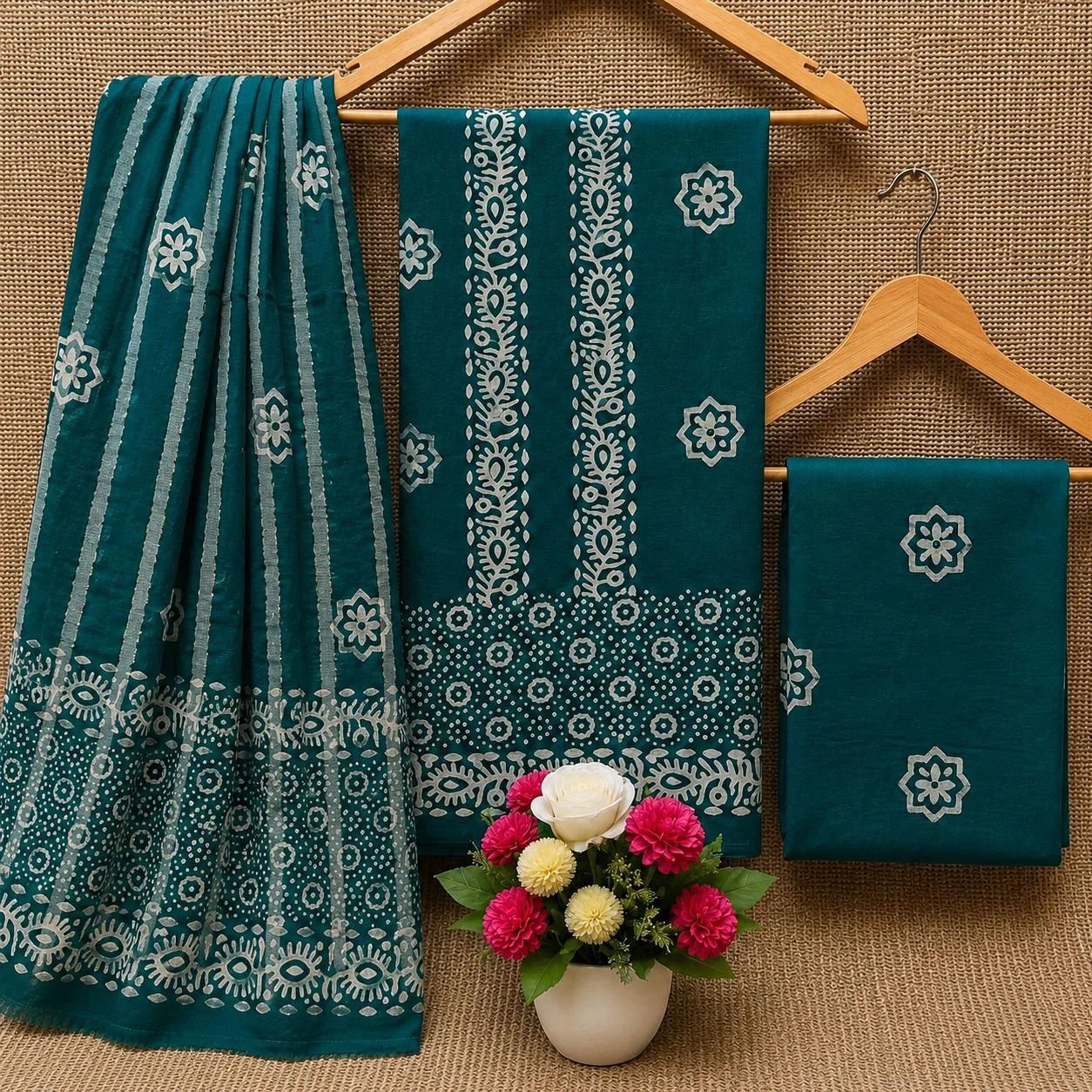 Cotton Batik Dress Material with Fancy Wax Batik & Katha Patti Dupatta - Design 6