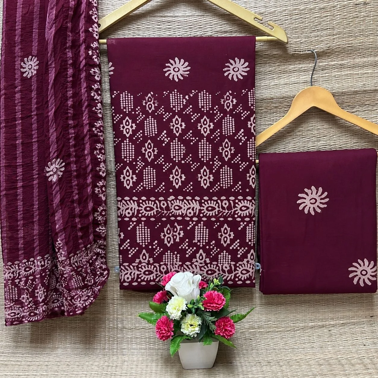 Cotton Batik Dress Material with Fancy Wax Batik & Katha Patti Dupatta - Design 7