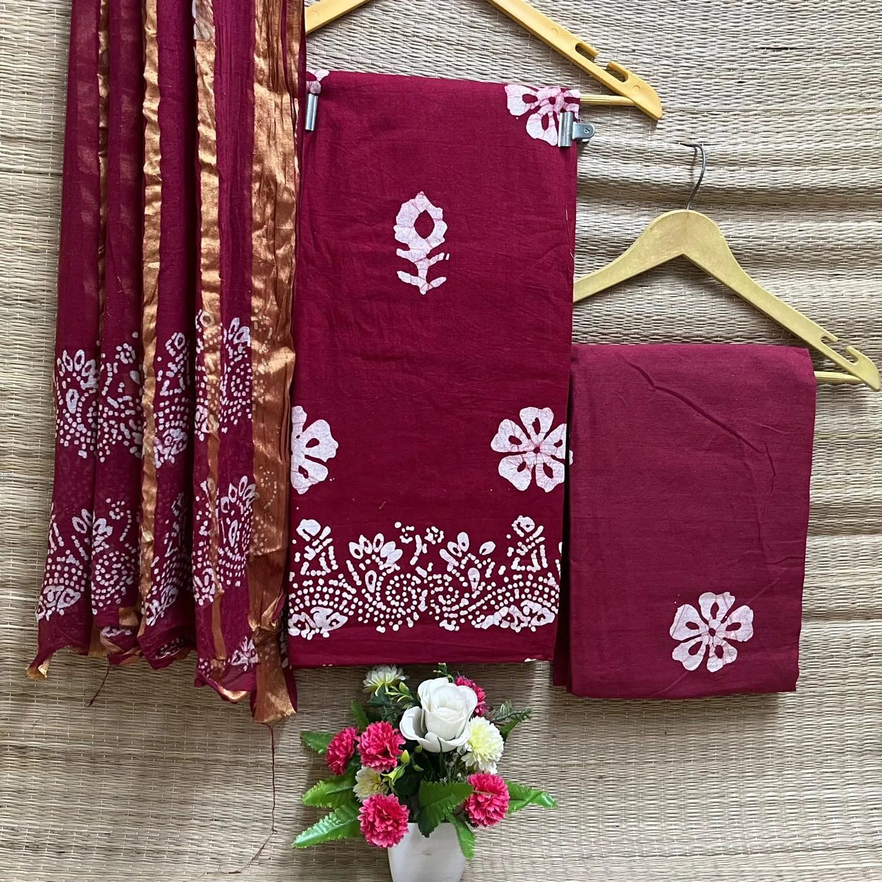 Cotton Batik Dress Material with Fancy Wax Batik & Katha Patti Dupatta - Design 9