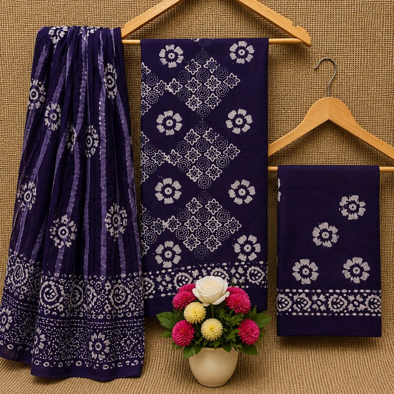 Cotton Batik Dress Material with Fancy Wax Batik & Katha Patti Dupatta - Design 10
