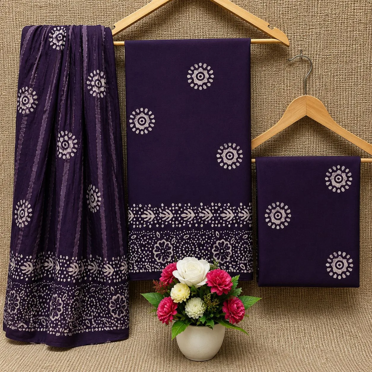 Cotton Batik Dress Material with Fancy Wax Batik & Katha Patti Dupatta - Design 12