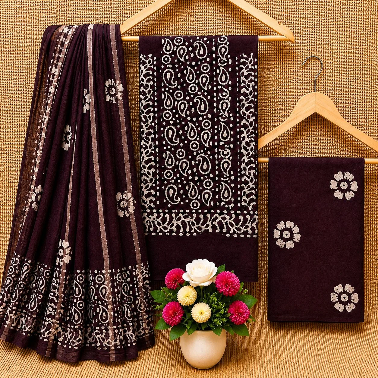 Cotton Batik Dress Material with Fancy Wax Batik & Katha Patti Dupatta - Design 13