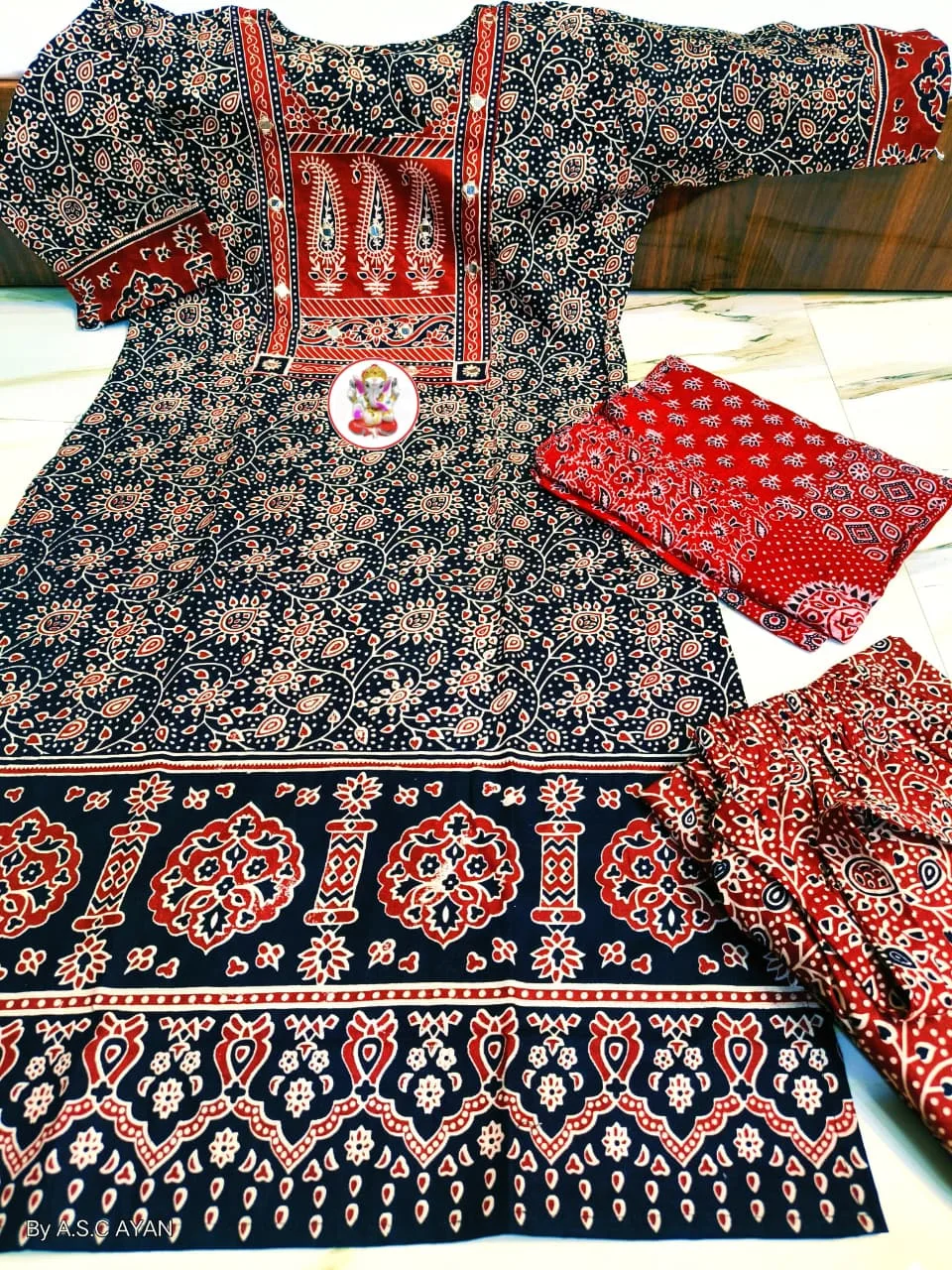 Pure Cotton Ajrak Printed 3-Piece Kurti Set with Mirror Work - Design 1