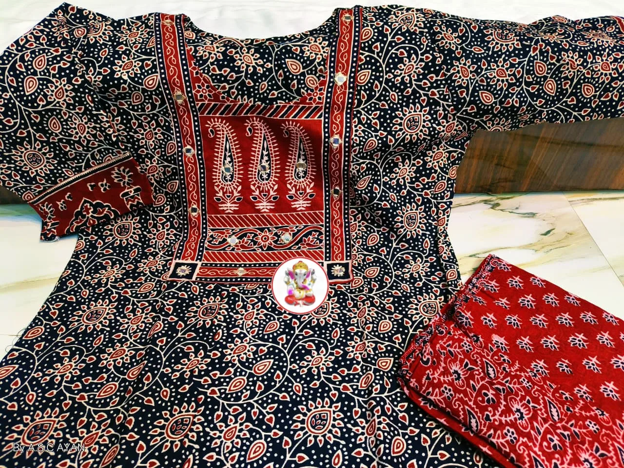 Pure Cotton Ajrak Printed 3-Piece Kurti Set with Mirror Work - Design 1
