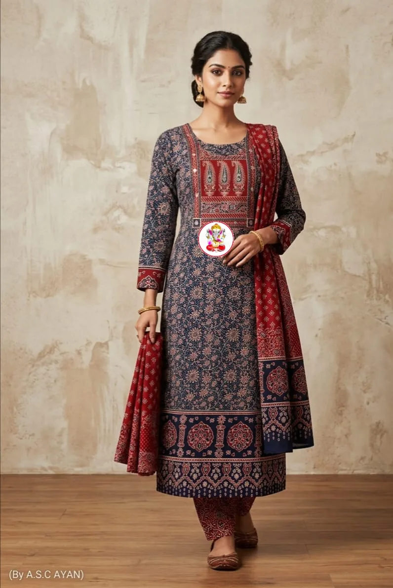 Pure Cotton Ajrak Printed 3-Piece Kurti Set with Mirror Work