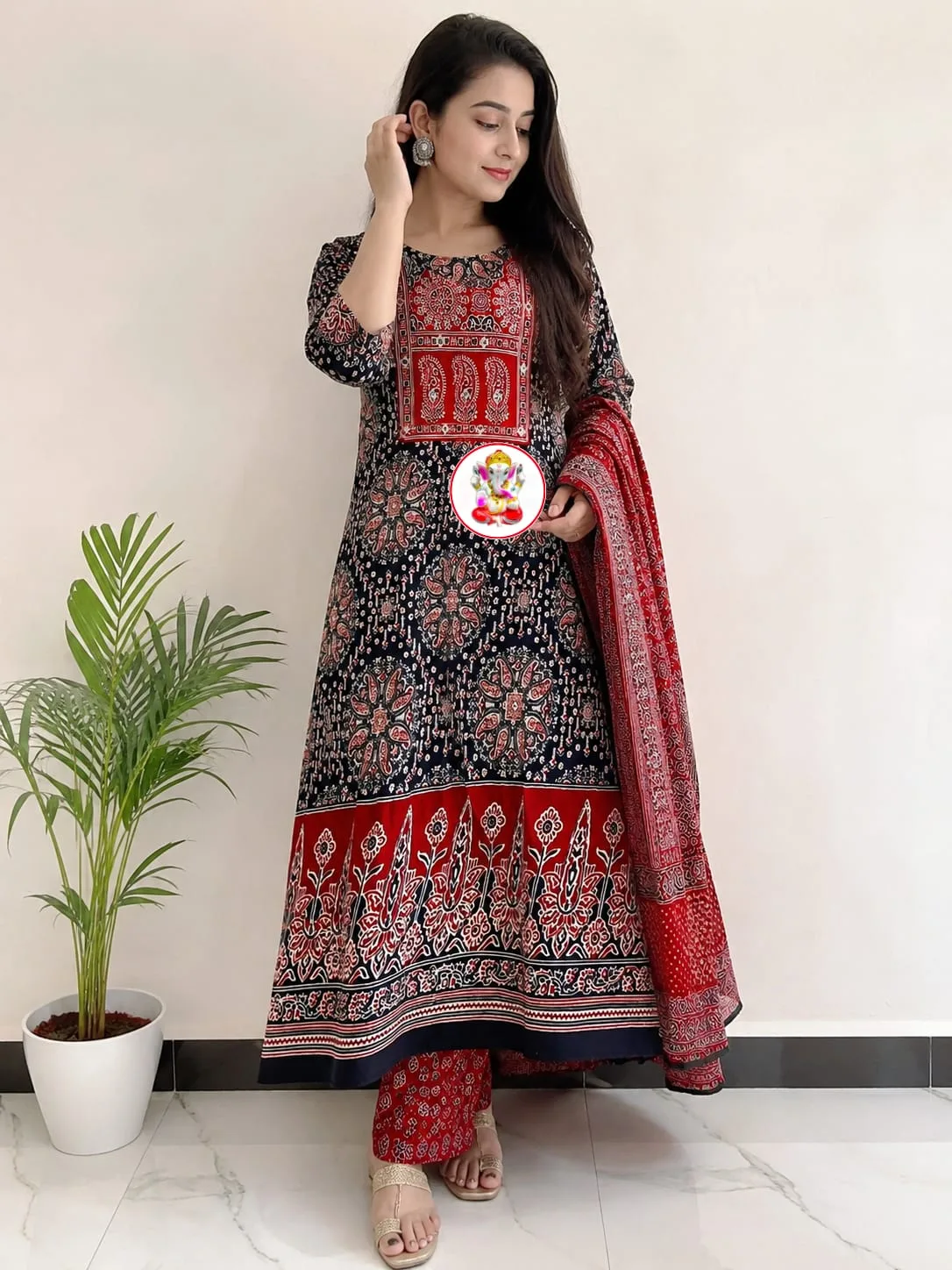 Pure Cotton Ajrak Printed 3-Piece Kurti Set with Mirror Work - Design 2