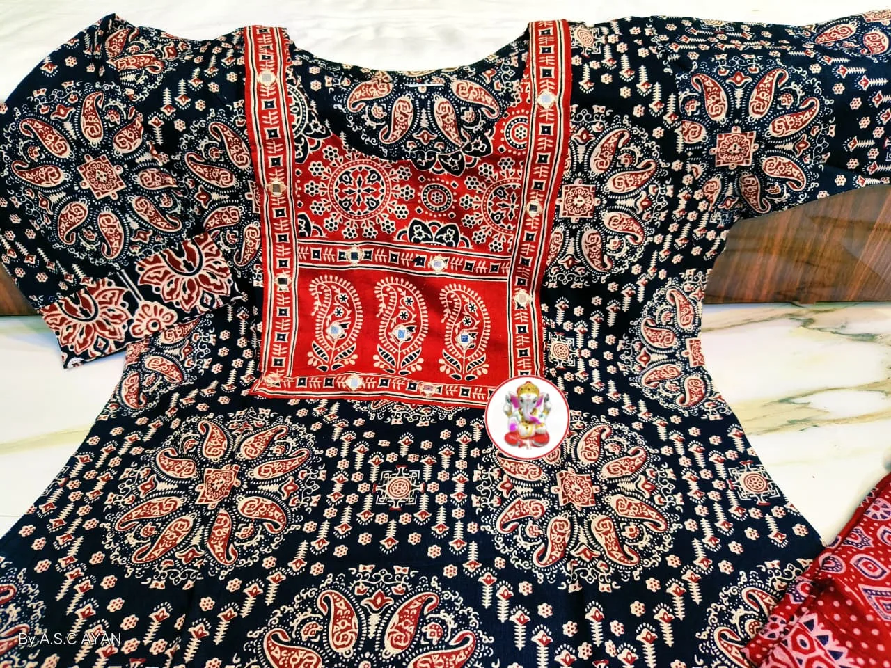 Pure Cotton Ajrak Printed 3-Piece Kurti Set with Mirror Work - Design 2