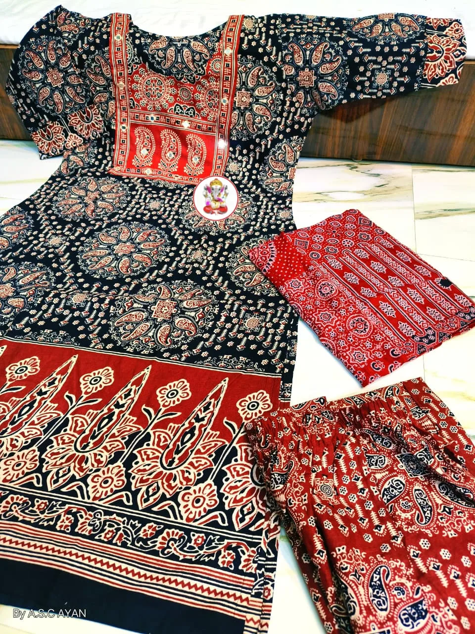 Pure Cotton Ajrak Printed 3-Piece Kurti Set with Mirror Work - Design 2