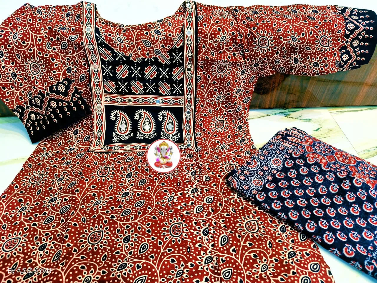 Pure Cotton Ajrak Printed 3-Piece Kurti Set with Mirror Work - Design 3