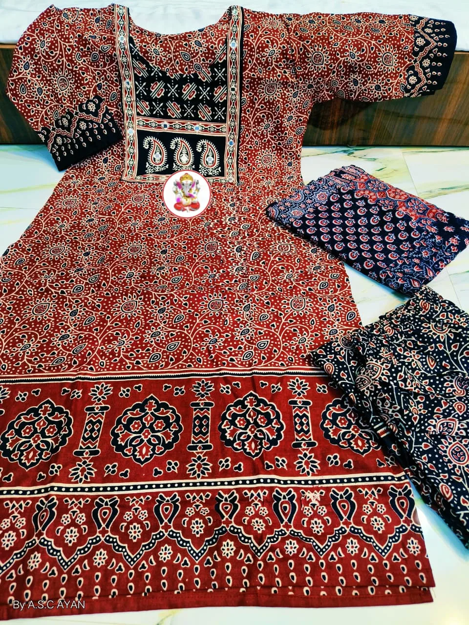 Pure Cotton Ajrak Printed 3-Piece Kurti Set with Mirror Work - Design 3