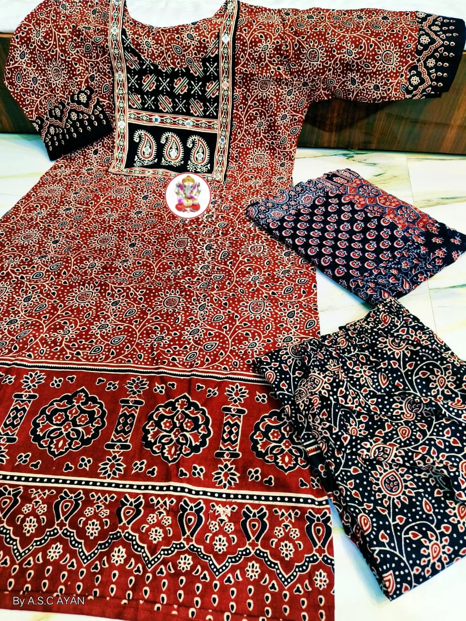 Pure Cotton Ajrak Printed 3-Piece Kurti Set with Mirror Work - Design 3