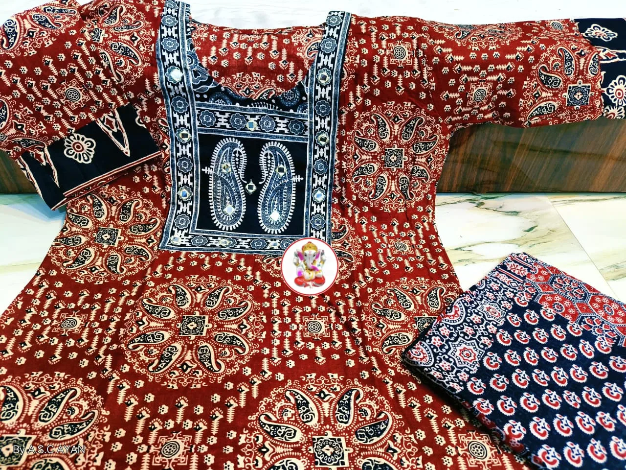 Pure Cotton Ajrak Printed 3-Piece Kurti Set with Mirror Work - Design 4
