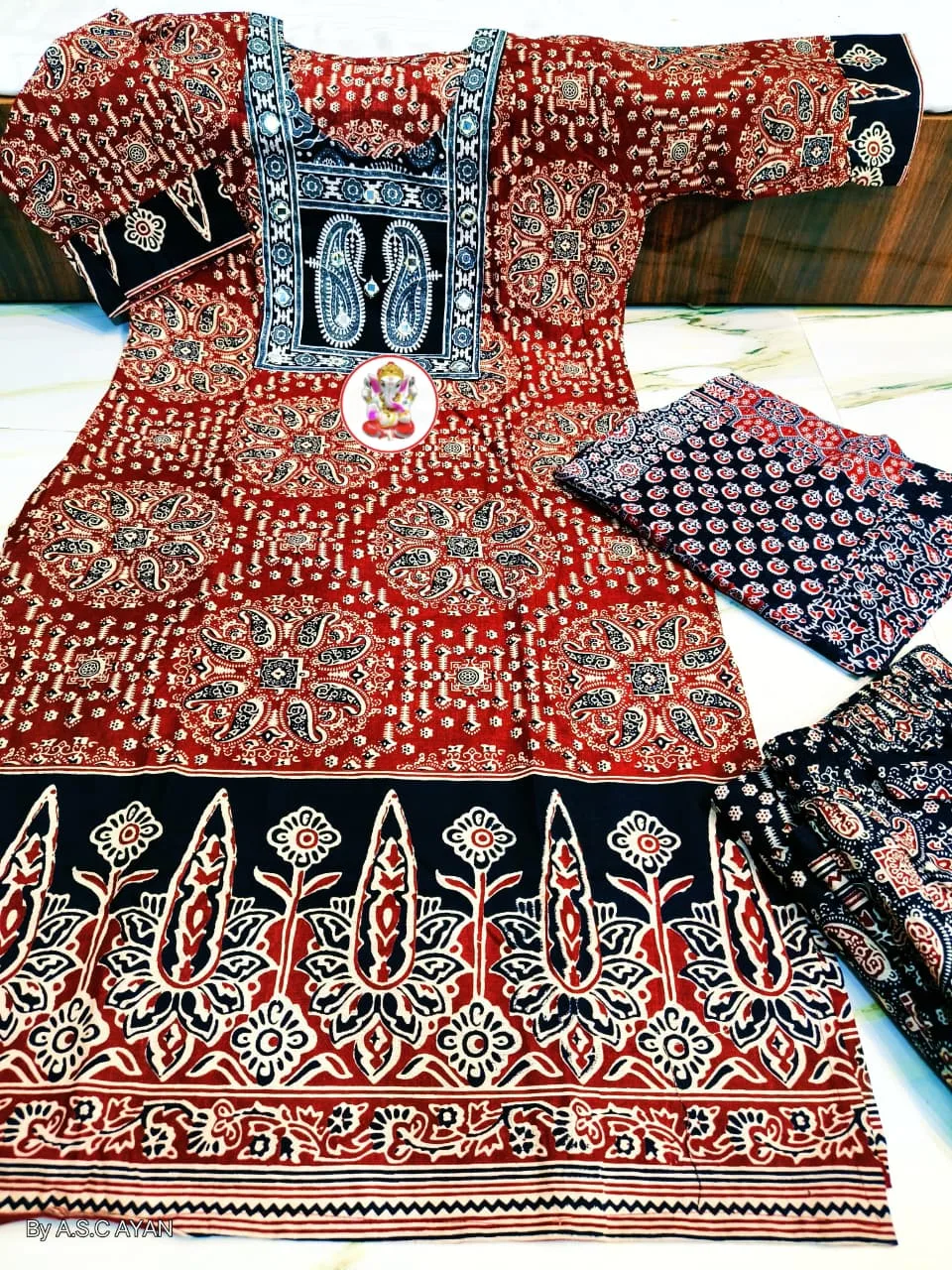 Pure Cotton Ajrak Printed 3-Piece Kurti Set with Mirror Work - Design 4