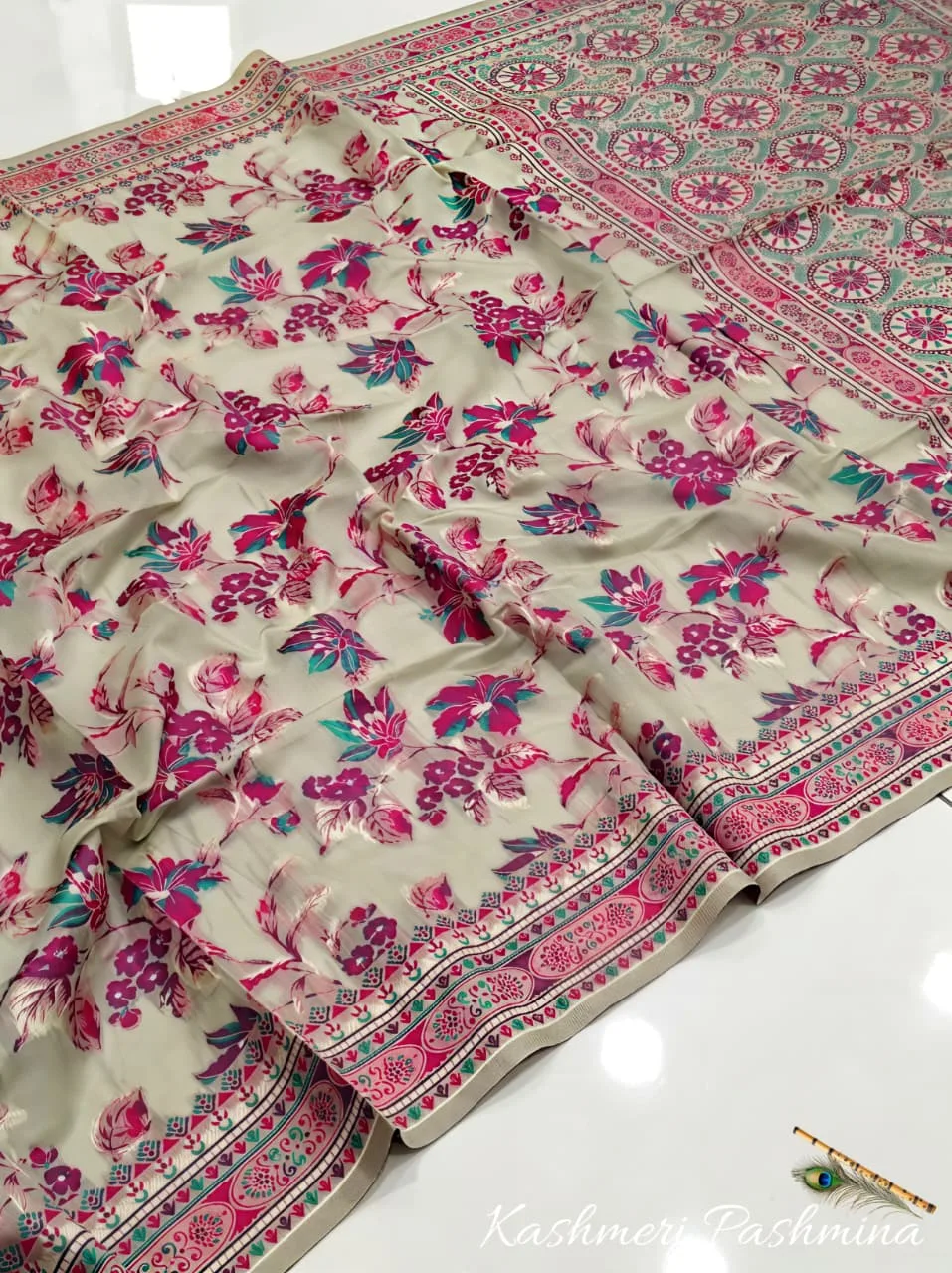 Exclusive Kashmiri Pashmina Saree with All-Over Kashmiri Work - Peach