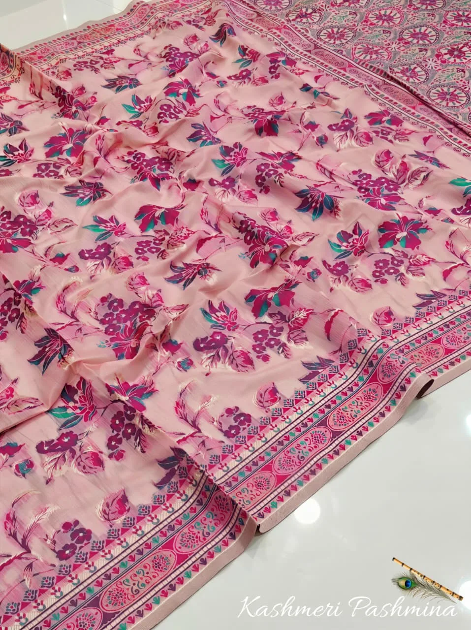 Exclusive Kashmiri Pashmina Saree with All-Over Kashmiri Work - Pink