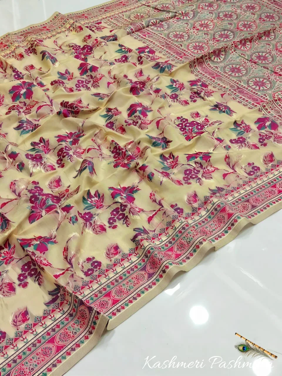 Exclusive Kashmiri Pashmina Saree with All-Over Kashmiri Work - Yellow