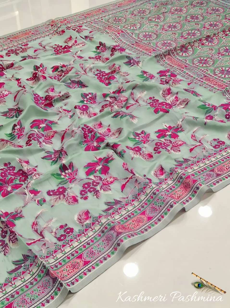 Exclusive Kashmiri Pashmina Saree with All-Over Kashmiri Work - Ocean Green