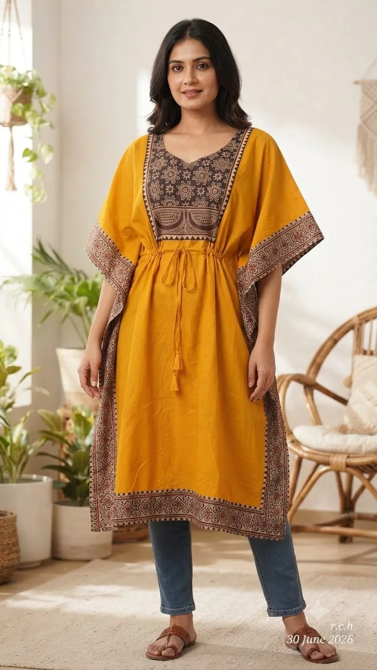 Flex by Ajrak Mix & Match Box Gola Kaftan – Pure Cotton | Free Size - Yellow