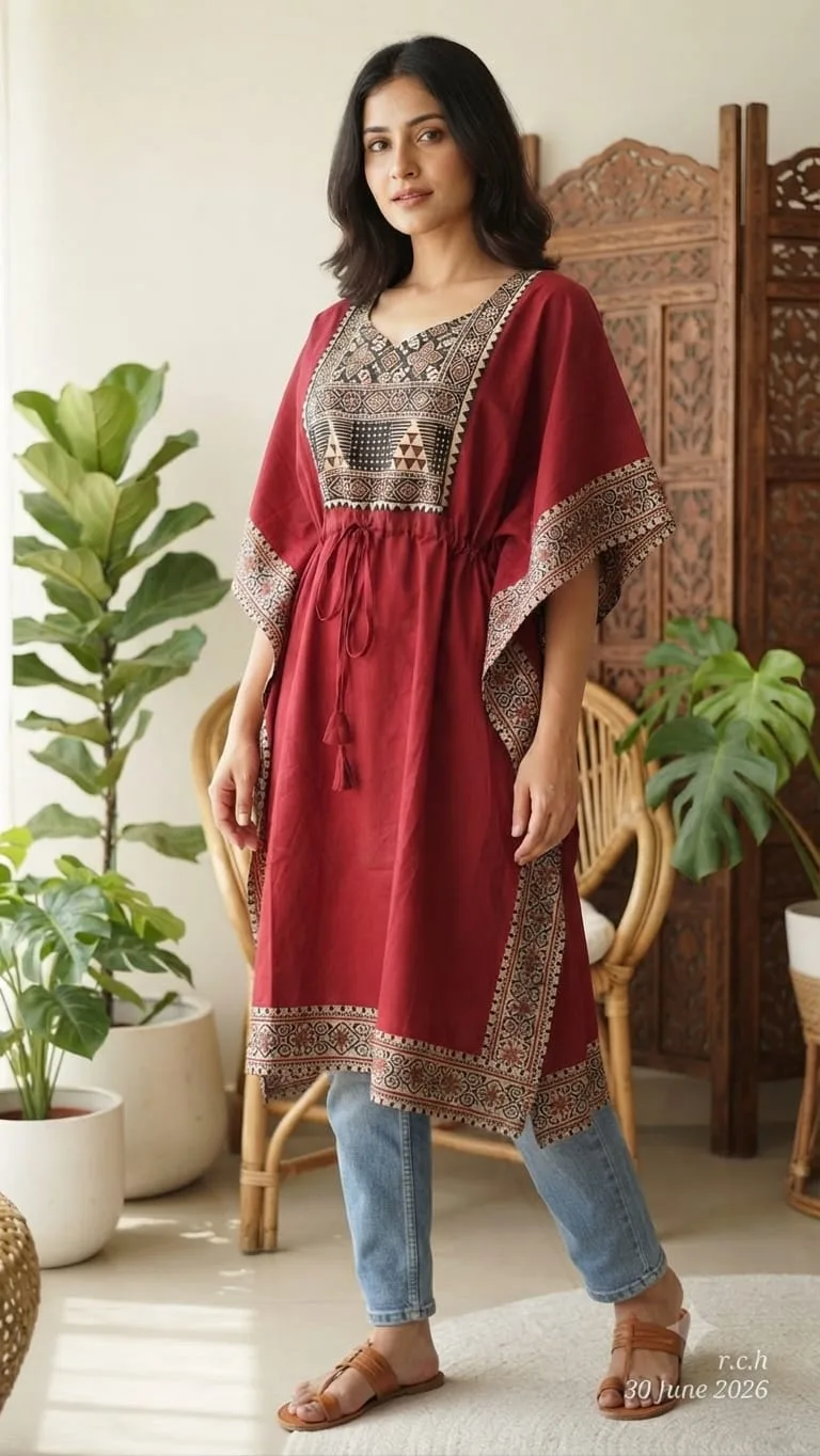 Flex by Ajrak Mix & Match Box Gola Kaftan – Pure Cotton | Free Size - Maroon