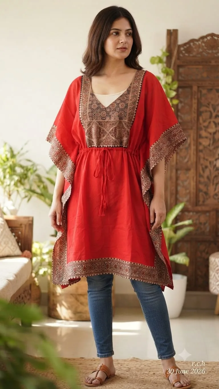 Flex by Ajrak Mix & Match Box Gola Kaftan – Pure Cotton | Free Size - Red