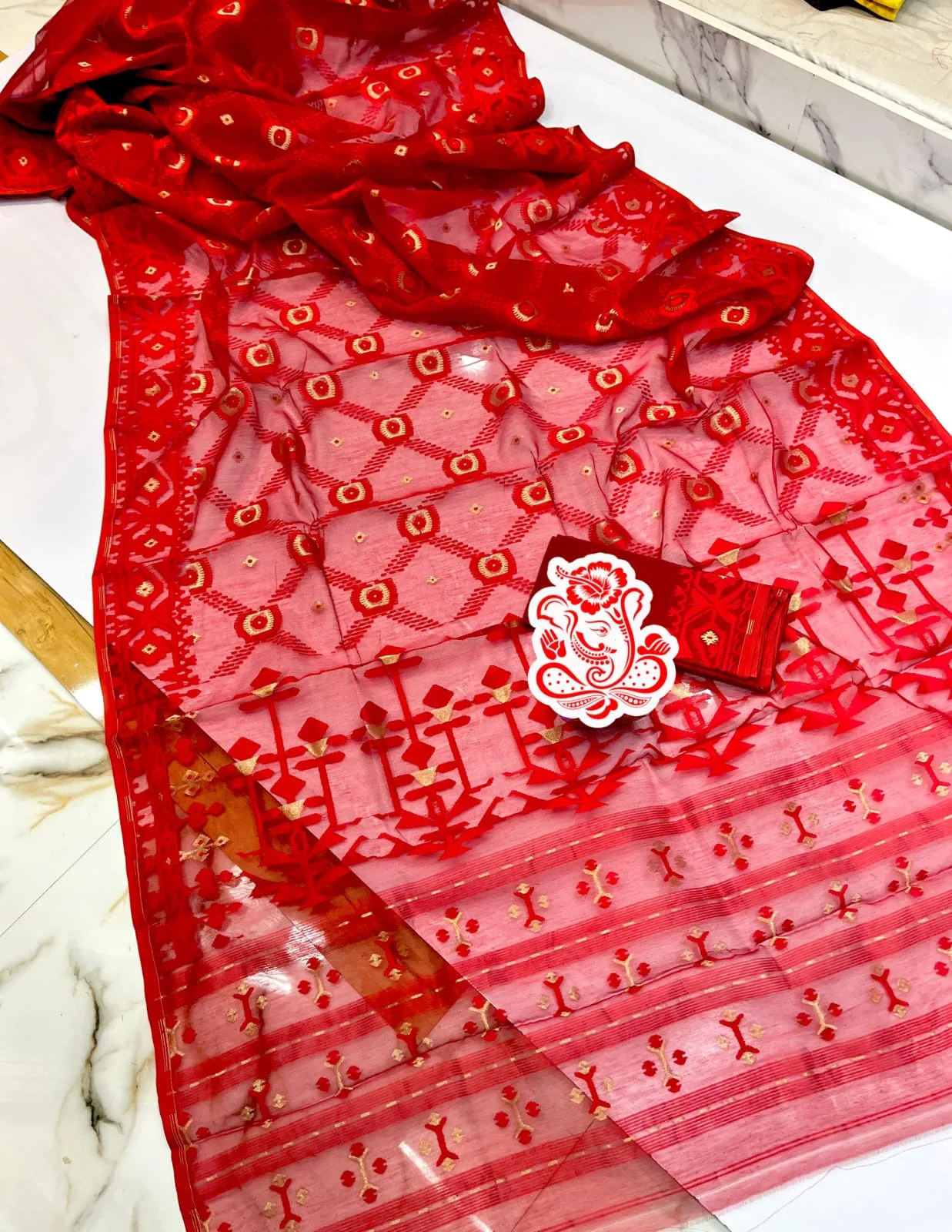 Exclusive New Bangladesh Resham Soft Dhakai Jamdani Saree with Blouse Piece - Red