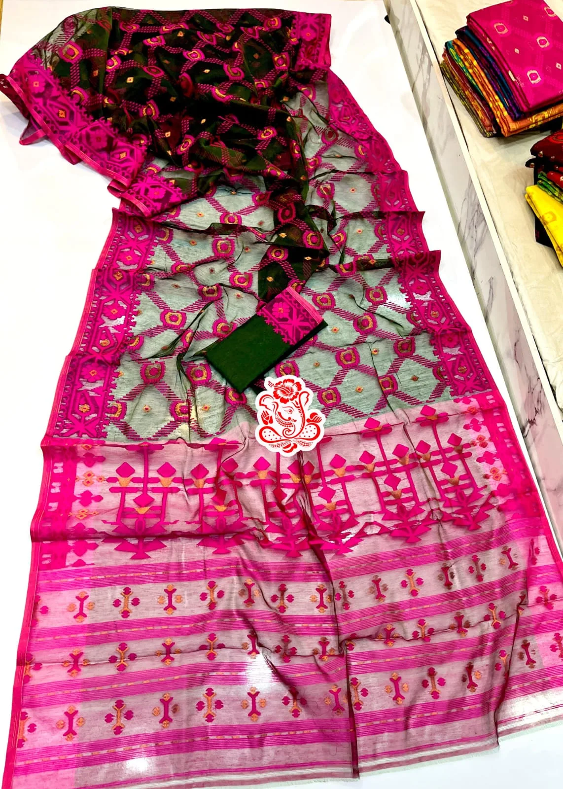 Exclusive New Bangladesh Resham Soft Dhakai Jamdani Saree with Blouse Piece - Black and Magenda