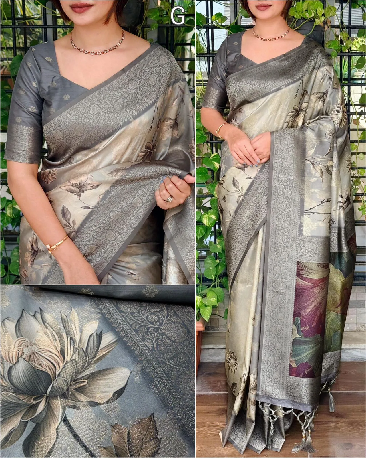 Premium Banarasi Satin Jacquard Saree with Zari Weaving & Digital Floral Print