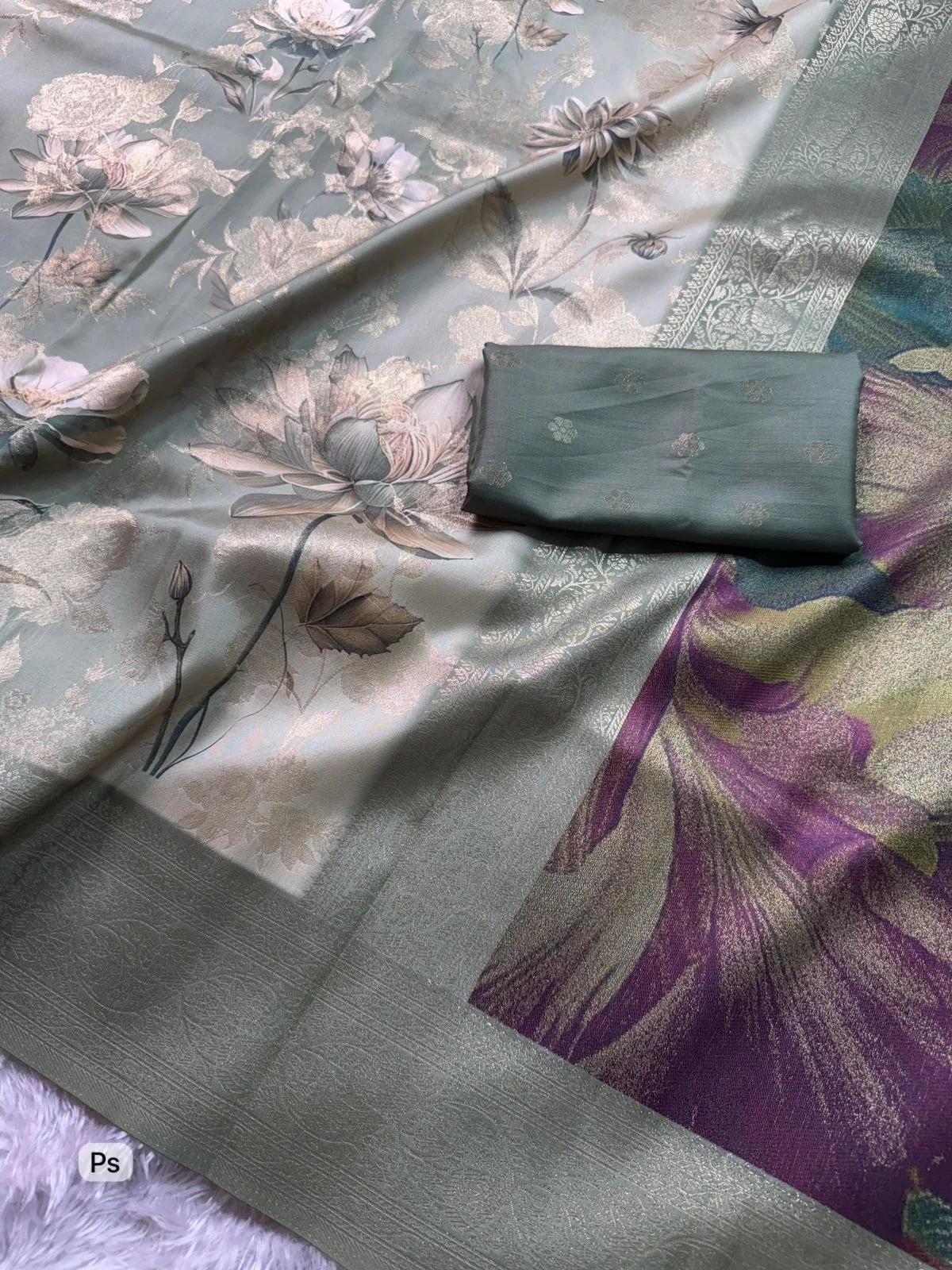Premium Banarasi Satin Jacquard Saree with Zari Weaving & Digital Floral Print - Design 1