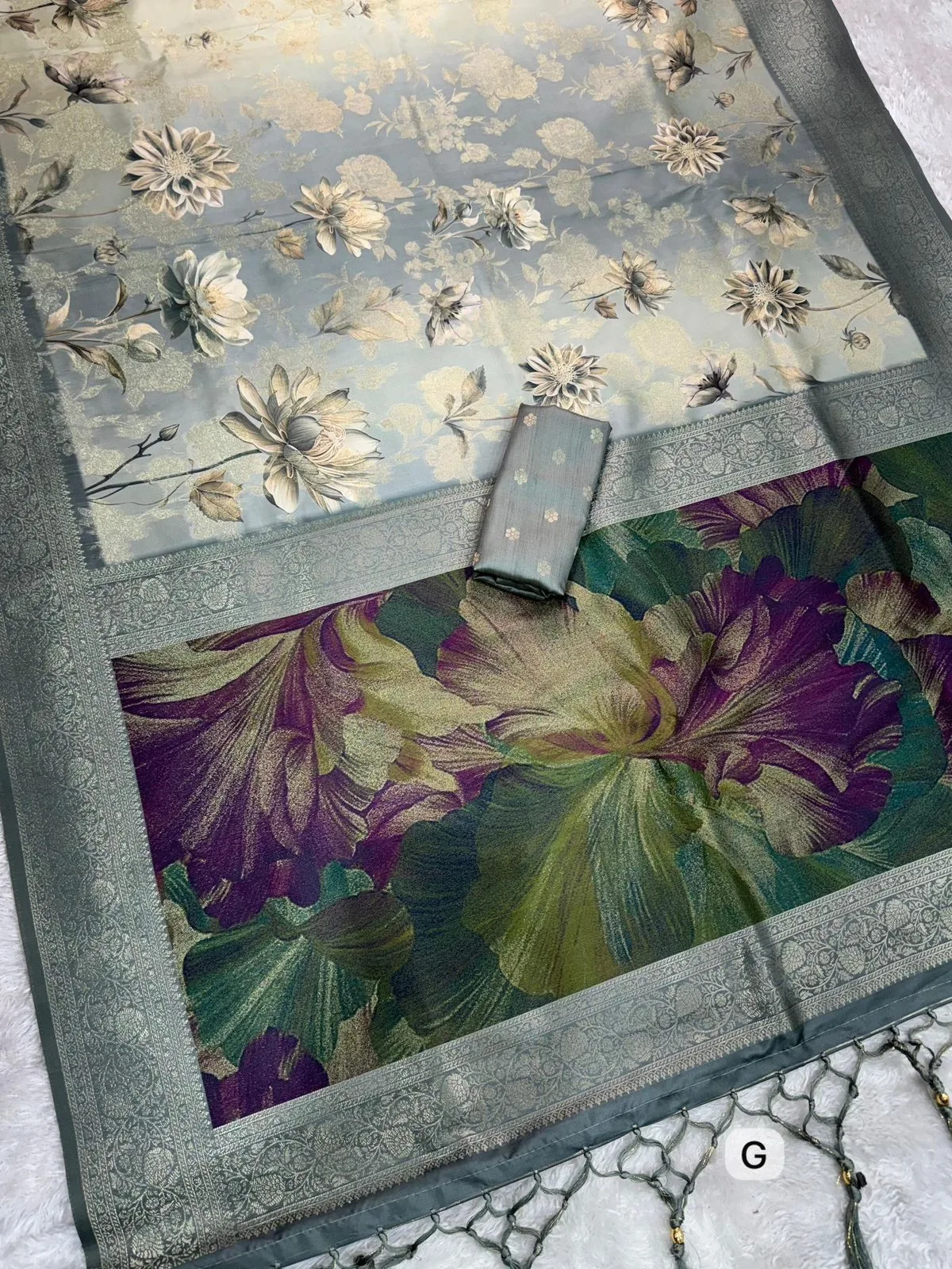 Premium Banarasi Satin Jacquard Saree with Zari Weaving & Digital Floral Print - Design 1