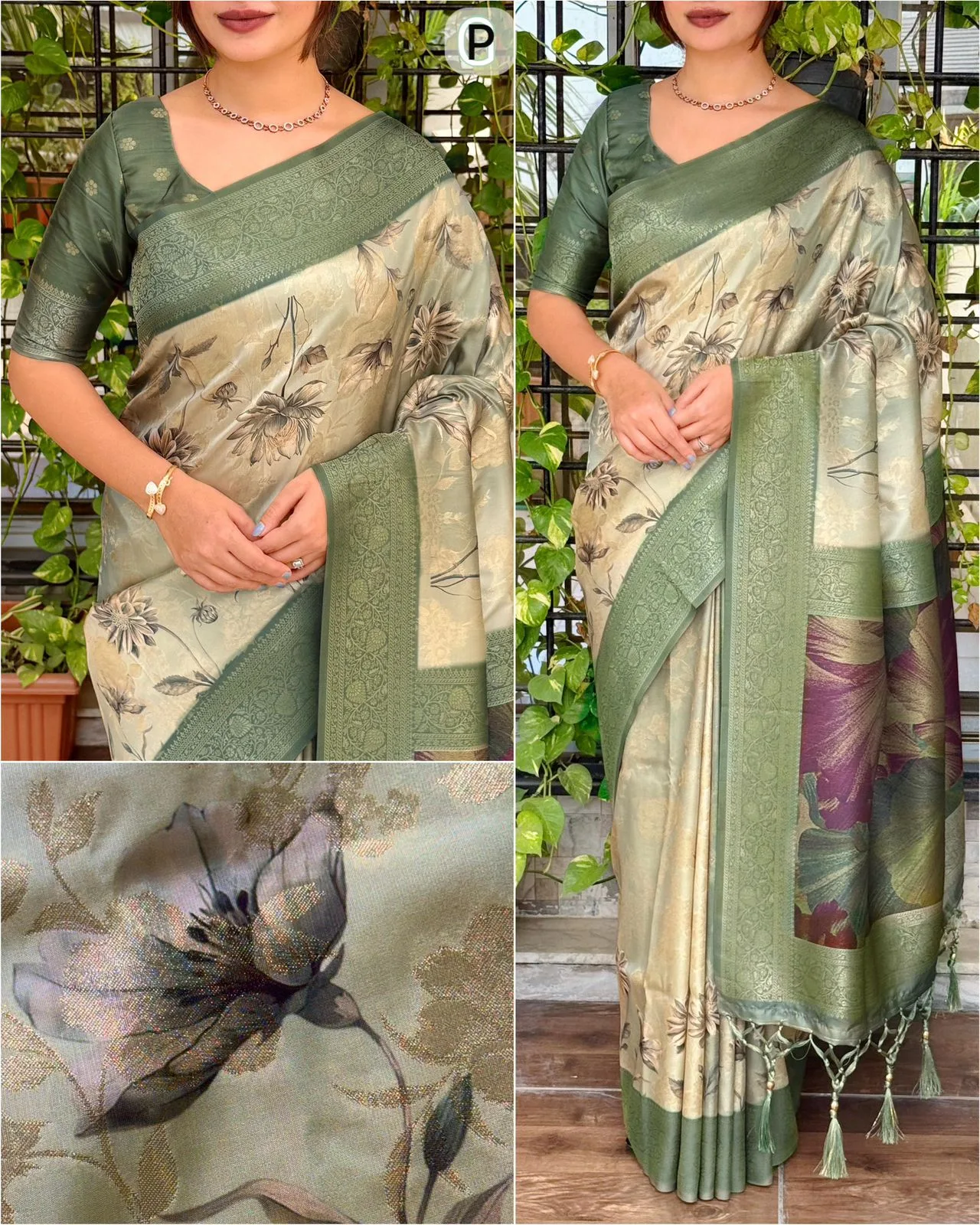 Premium Banarasi Satin Jacquard Saree with Zari Weaving & Digital Floral Print - Design 2