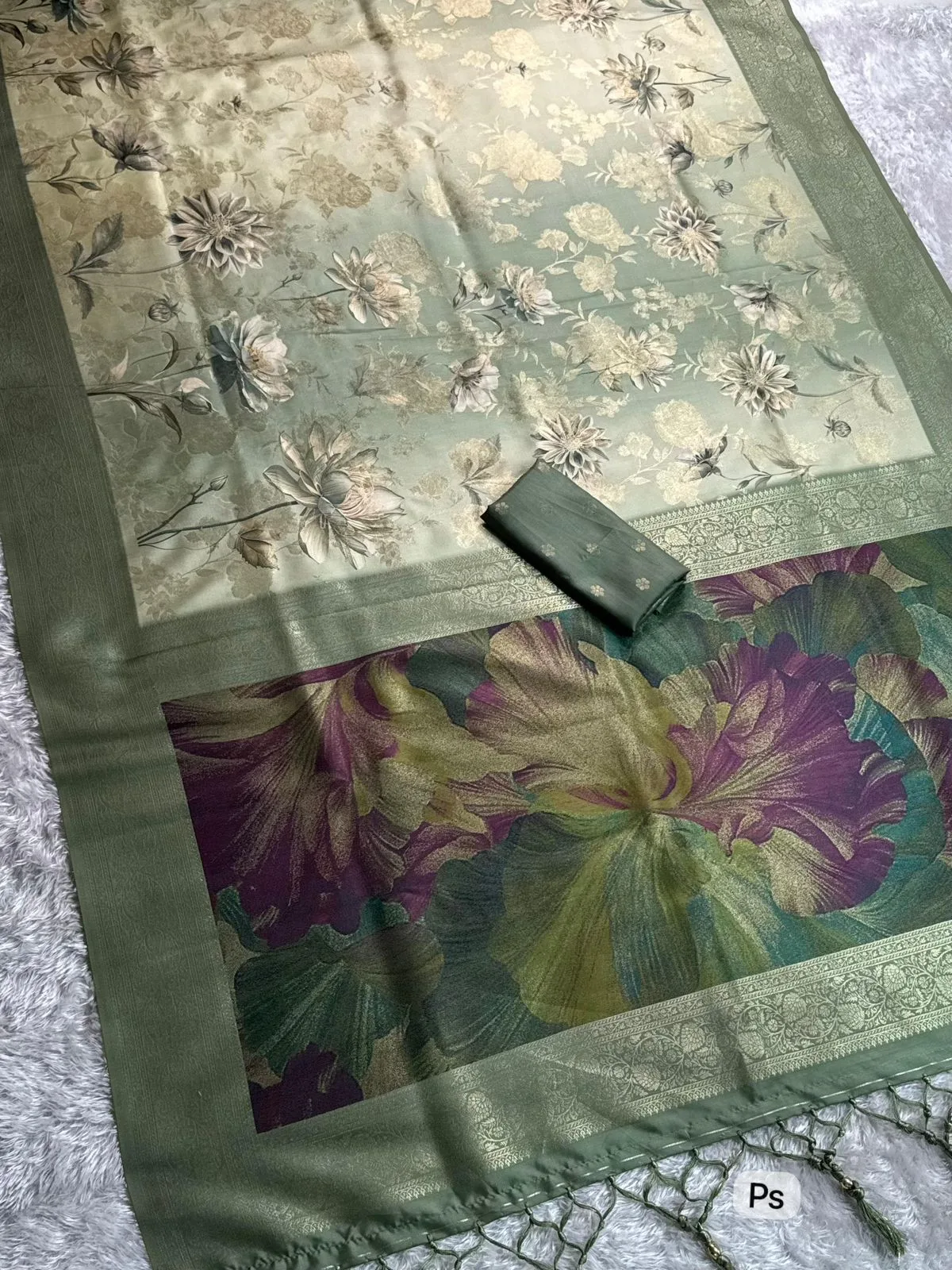 Premium Banarasi Satin Jacquard Saree with Zari Weaving & Digital Floral Print - Design 2