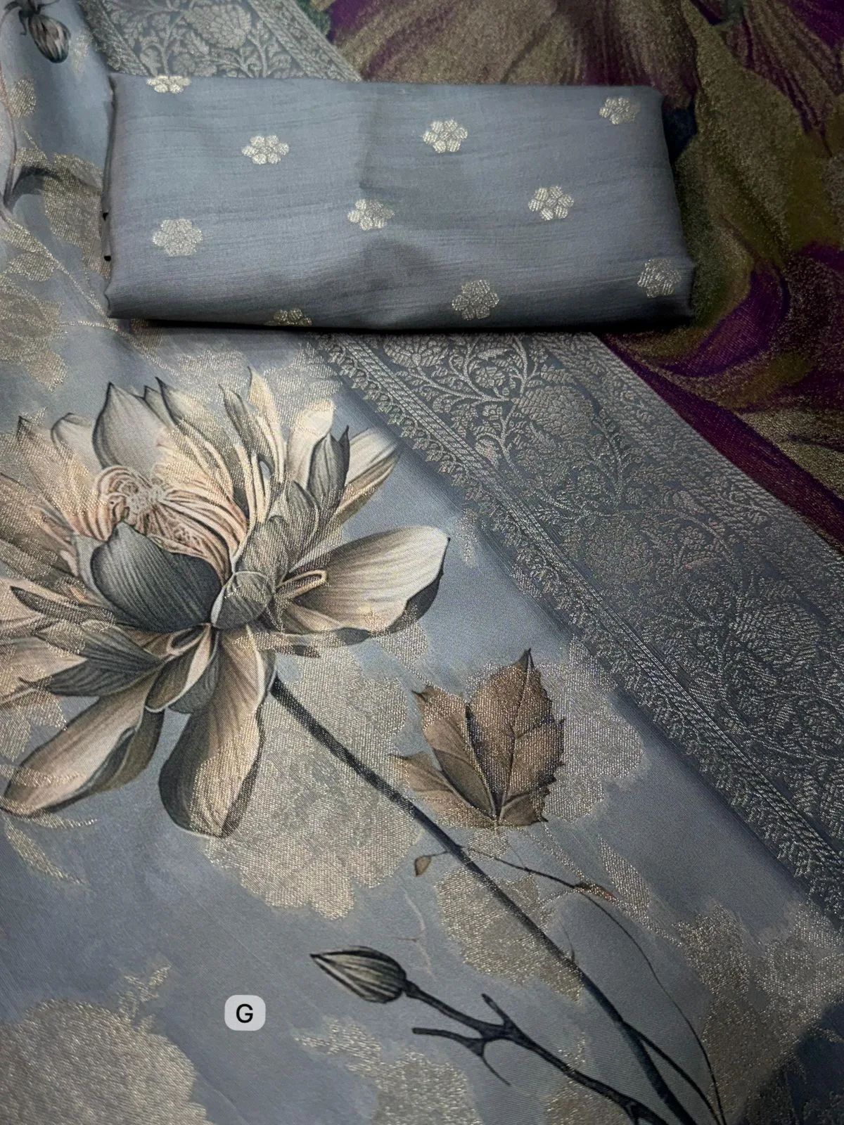 Premium Banarasi Satin Jacquard Saree with Zari Weaving & Digital Floral Print - Design 1