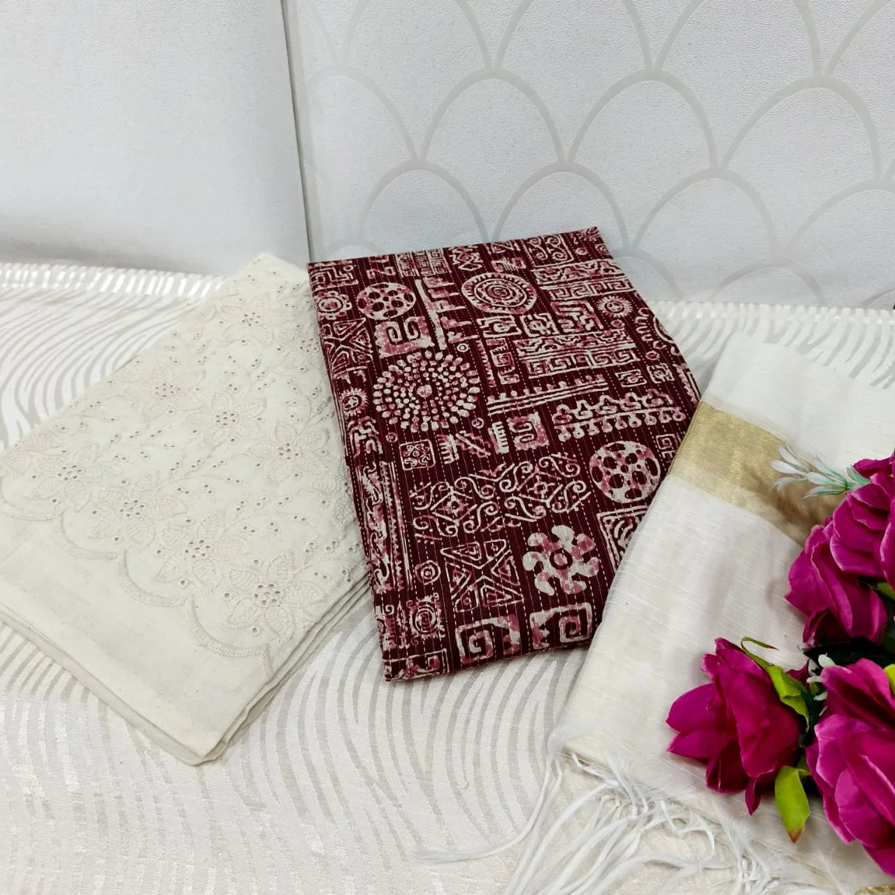 Jaipur Katha Print Cotton Dress Material with Cotton Chickon Palazzo & Mal Chanderi Dupatta