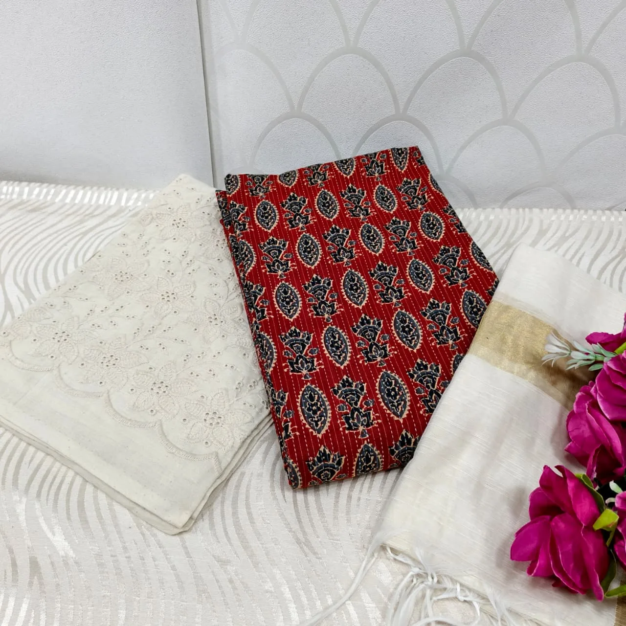 Jaipur Katha Print Cotton Dress Material with Cotton Chickon Palazzo & Mal Chanderi Dupatta - Design 2