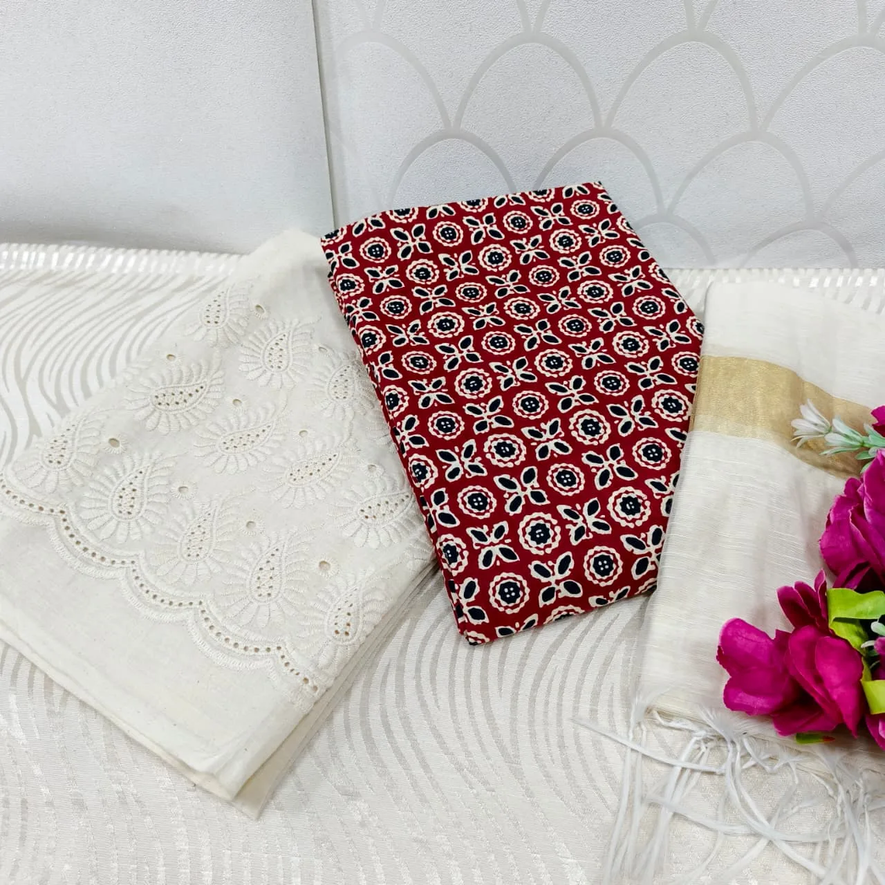 Jaipur Katha Print Cotton Dress Material with Cotton Chickon Palazzo & Mal Chanderi Dupatta - Design 3
