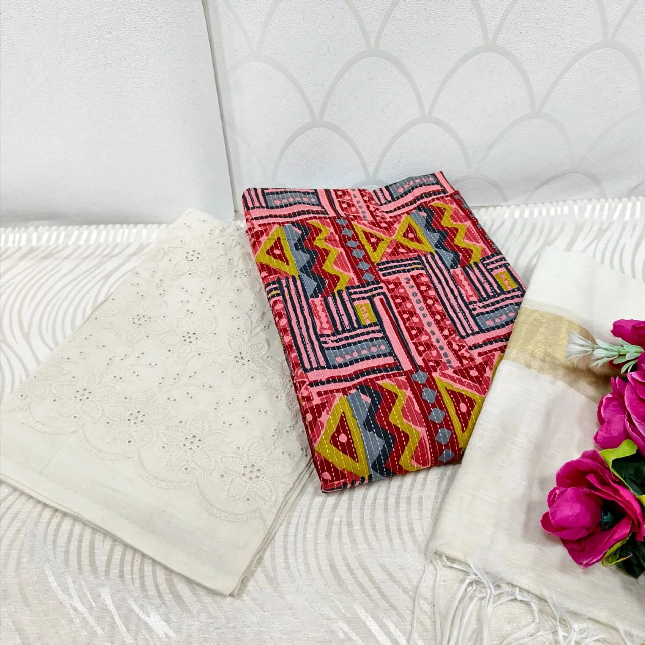 Jaipur Katha Print Cotton Dress Material with Cotton Chickon Palazzo & Mal Chanderi Dupatta - Design 4