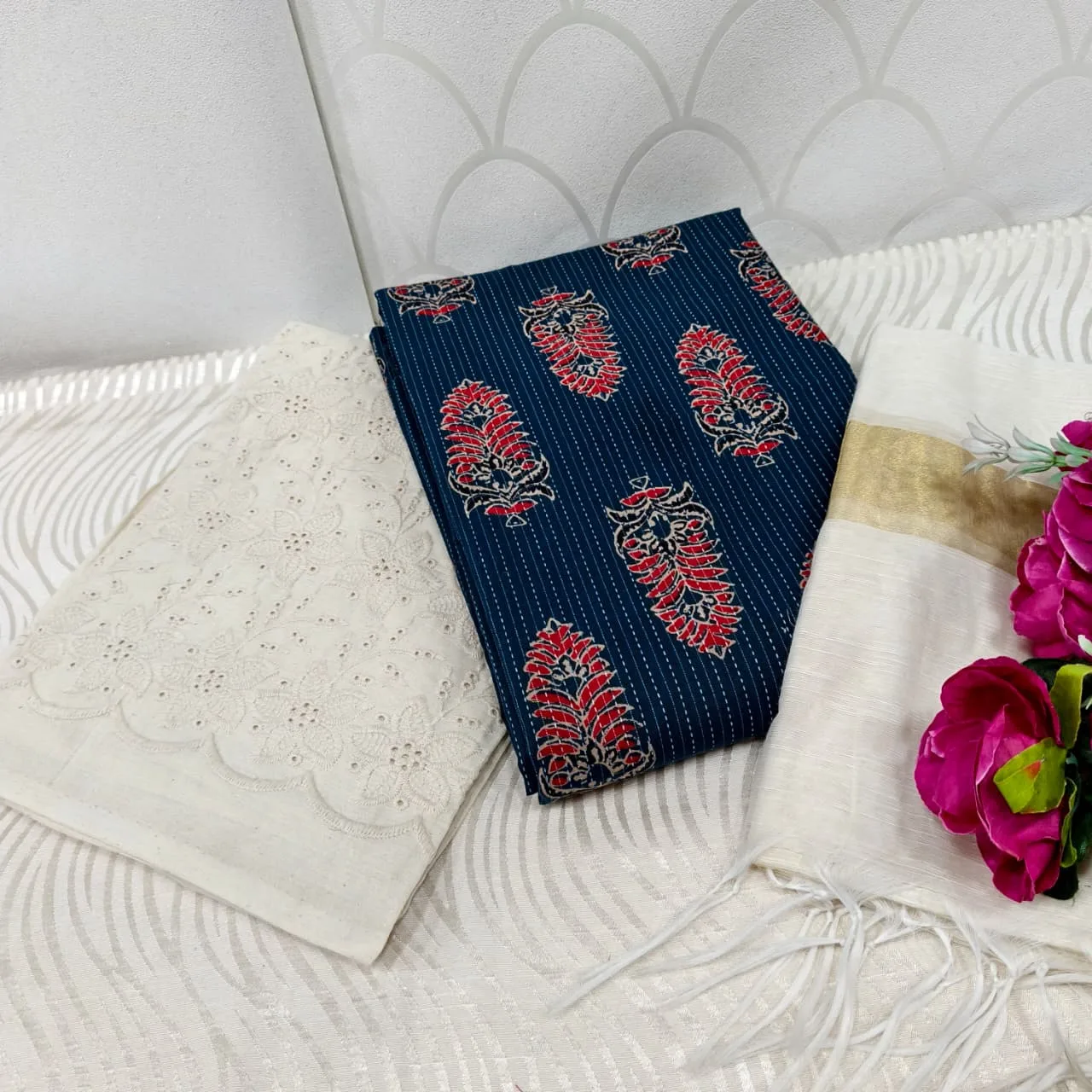 Jaipur Katha Print Cotton Dress Material with Cotton Chickon Palazzo & Mal Chanderi Dupatta - Design 6