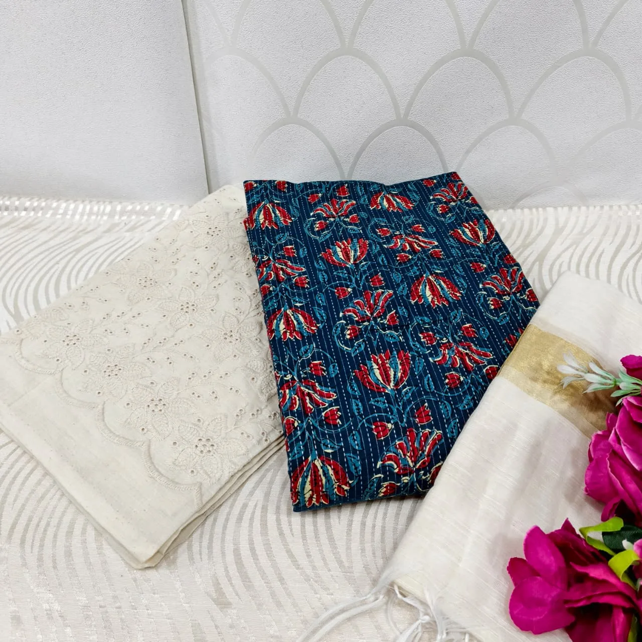 Jaipur Katha Print Cotton Dress Material with Cotton Chickon Palazzo & Mal Chanderi Dupatta - Design 7