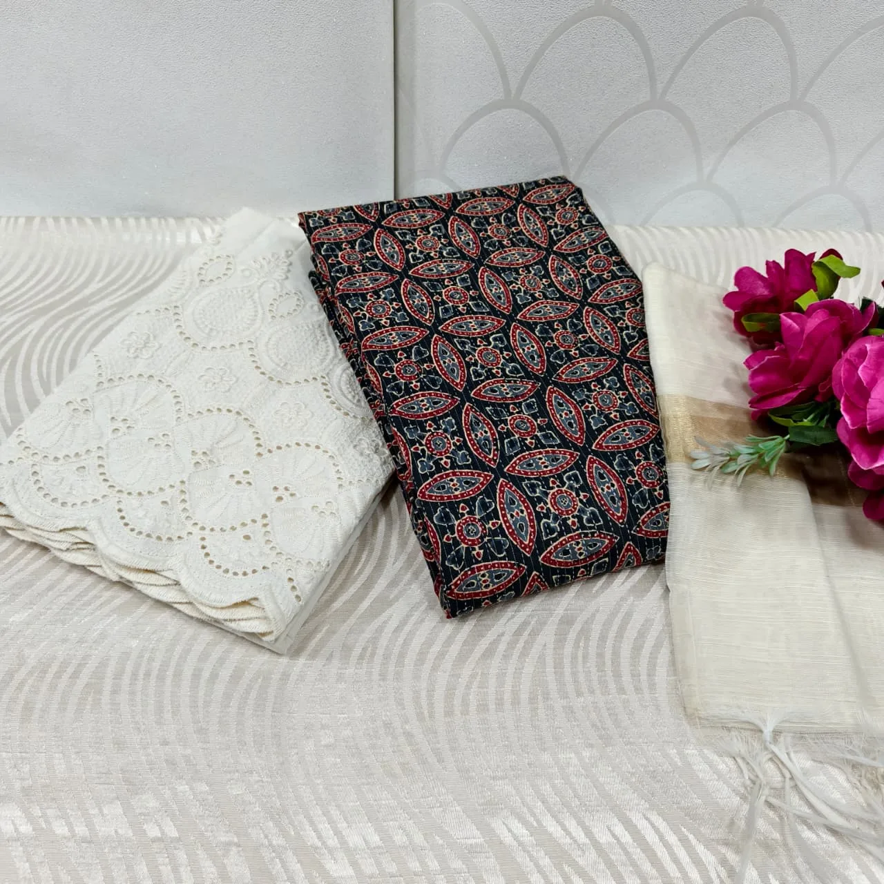 Jaipur Katha Print Cotton Dress Material with Cotton Chickon Palazzo & Mal Chanderi Dupatta - Design 8