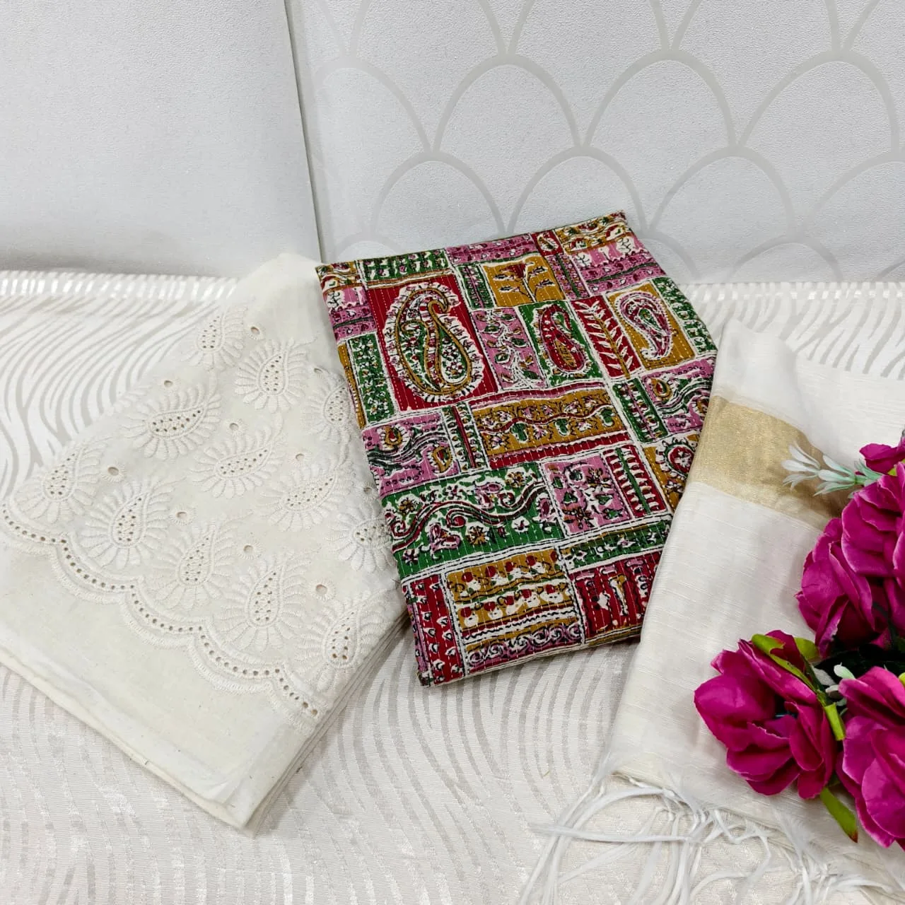 Jaipur Katha Print Cotton Dress Material with Cotton Chickon Palazzo & Mal Chanderi Dupatta - Design 9